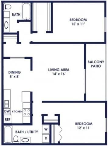Floor plan for 2 beds, 2 baths, 1120 sqft