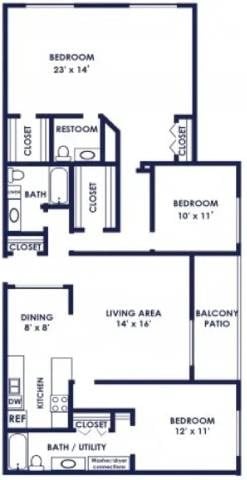 Floor plan for 2 beds, 2 baths, 1500 sqft