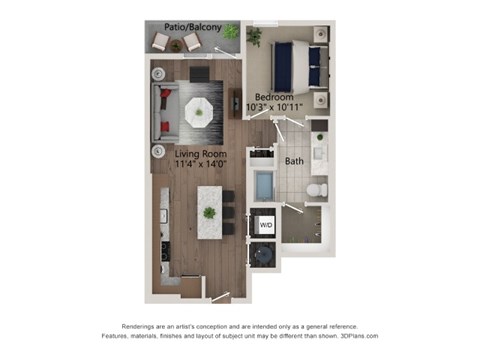 Floor plan for 1 bed, 1 bath, 652 sqft