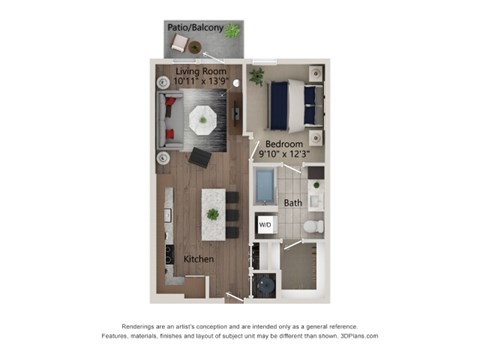Floor plan for 1 bed, 1 bath, 660 sqft