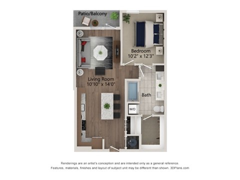 Floor plan for 1 bed, 1 bath, 708 sqft