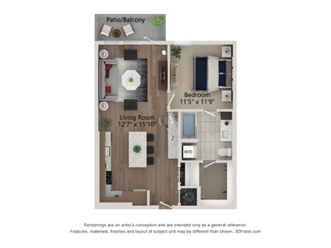 Floor plan for 1 bed, 1 bath, 750 sqft