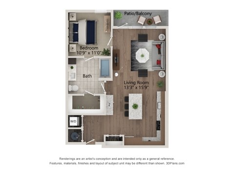 Floor plan for 1 bed, 1 bath, 789 sqft