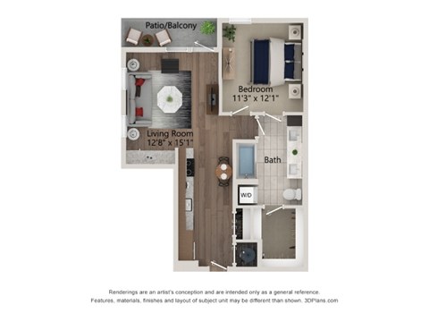 Floor plan for 1 bed, 1 bath, 797 sqft