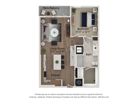Floor plan for 1 bed, 1 bath, 798 sqft