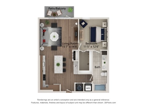 Floor plan for 1 bed, 1 bath, 840 sqft