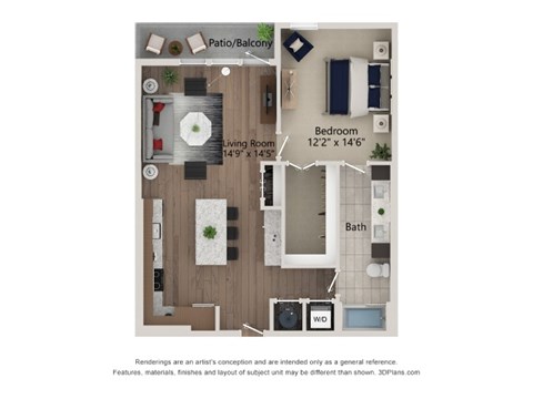Floor plan for 1 bed, 1 bath, 889 sqft