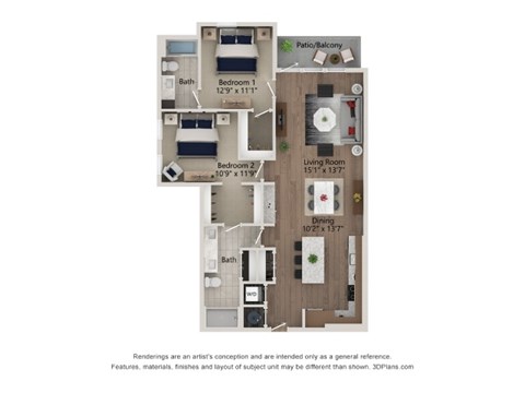Floor plan for 2 beds, 2 baths, 1198 sqft