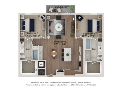Floor plan for 2 beds, 2 baths, 1200 sqft
