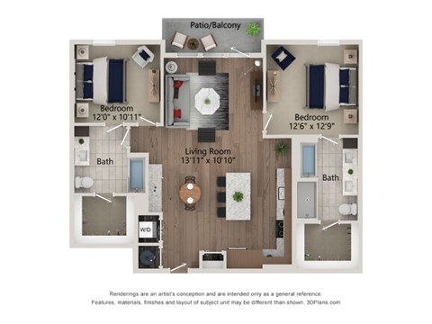 Floor plan for 2 beds, 2 baths, 1222 sqft