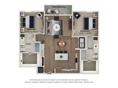 Floor plan for 2 beds, 2 baths, 1222 sqft