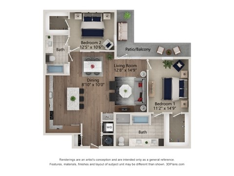 Floor plan for 2 beds, 2 baths, 1270 sqft