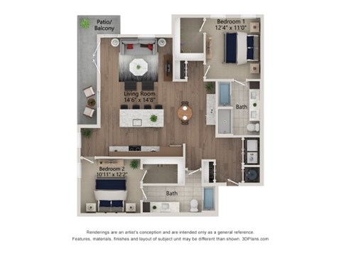 Floor plan for 2 beds, 2 baths, 1278 sqft