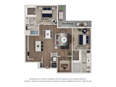 Floor plan for 2 beds, 2 baths, 1302 sqft