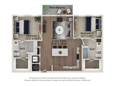 Floor plan for 2 beds, 2 baths, 1000 sqft