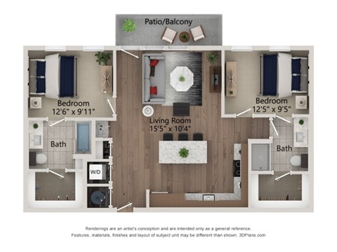 Floor plan for 2 beds, 2 baths, 1003 sqft