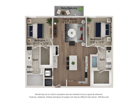 Floor plan for 2 beds, 2 baths, 1062 sqft