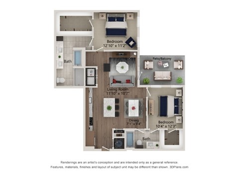 Floor plan for 2 beds, 2 baths, 1100 sqft
