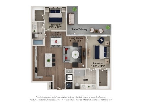 Floor plan for 2 beds, 2 baths, 1097 sqft