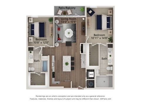 Floor plan for 2 beds, 2 baths, 1126 sqft