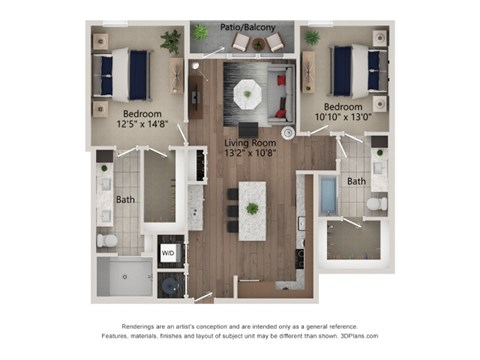 Floor plan for 2 beds, 2 baths, 1173 sqft