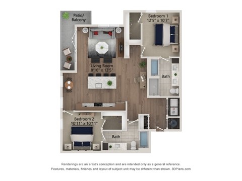 Floor plan for 2 beds, 2 baths, 1183 sqft