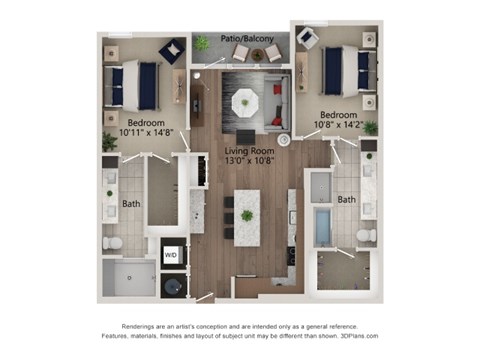 Floor plan for 2 beds, 2 baths, 1190 sqft