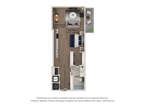 Floor plan for studio, 1 bath, 558 sqft