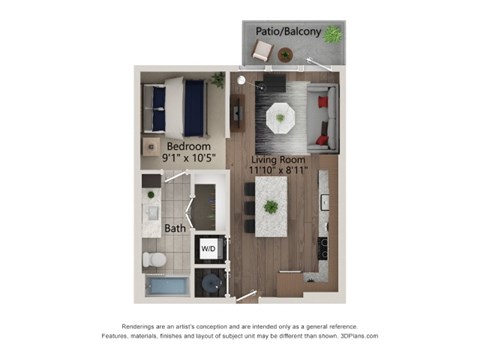 Floor plan for studio, 1 bath, 564 sqft