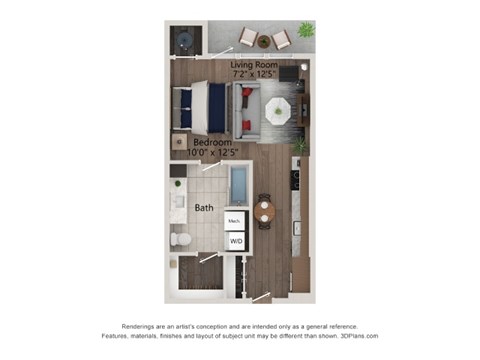 Floor plan for studio, 1 bath, 573 sqft