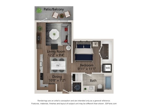 Floor plan for studio, 1 bath, 583 sqft