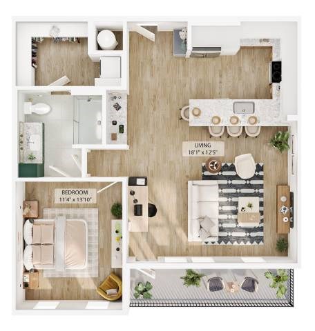 Floor plan for 1 bed, 1 bath, 885 sqft