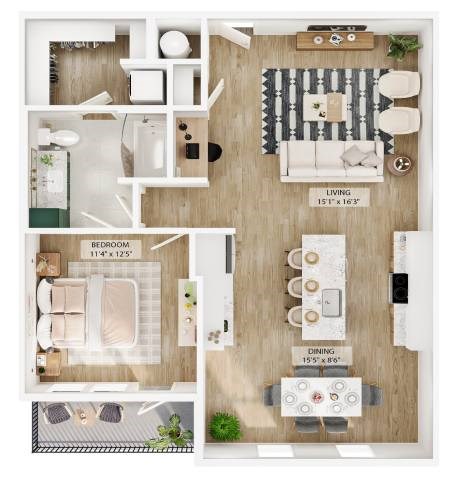 Floor plan for 1 bed, 2 baths, 921 sqft