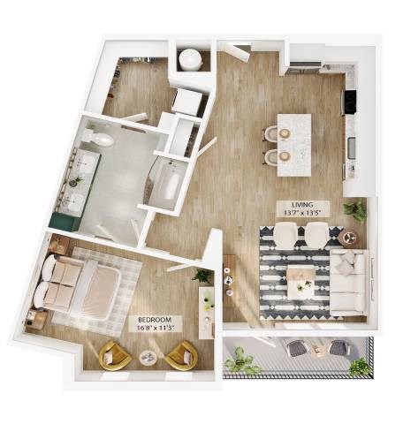 Floor plan for 1 bed, 2 baths, 921 sqft