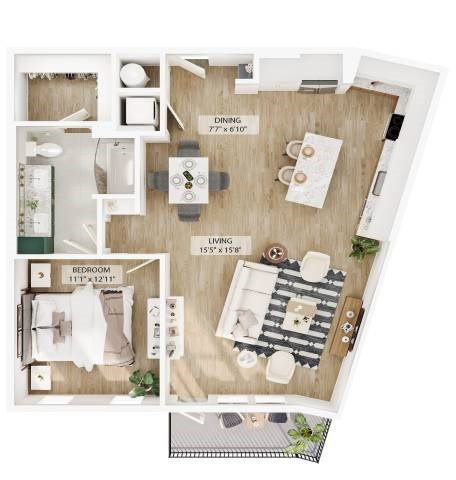 Floor plan for 1 bed, 2 baths, 946 sqft