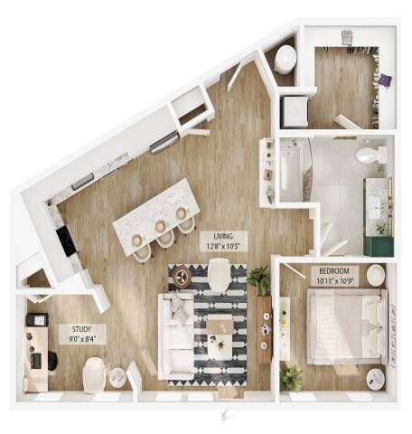 Floor plan for 1 bed, 1 bath, 903 sqft