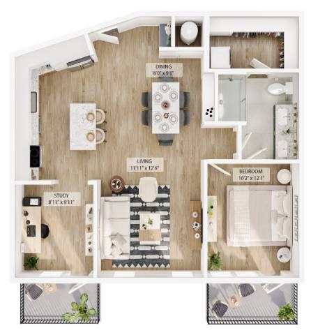 Floor plan for 1 bed, 2 baths, 929 sqft
