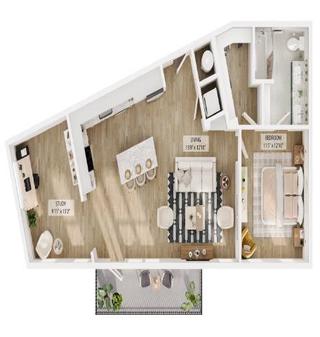 Floor plan for 1 bed, 1 bath, 955 sqft
