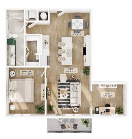 Floor plan for 1 bed, 1 bath, 977 sqft
