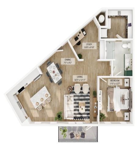 Floor plan for 1 bed, 1 bath, 1003 sqft