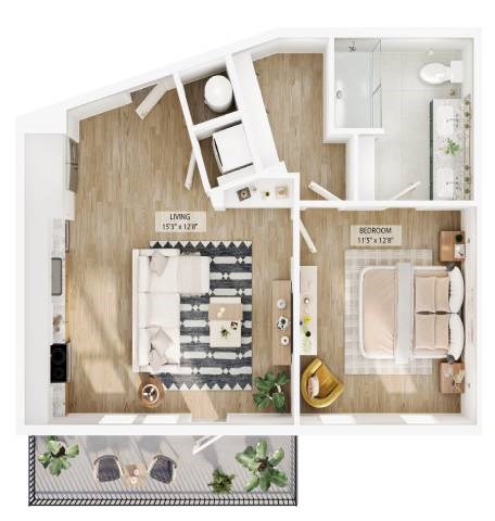 Floor plan for 1 bed, 1 bath, 659 sqft