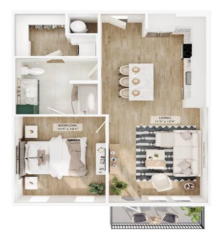 Floor plan for 1 bed, 1 bath, 736 sqft