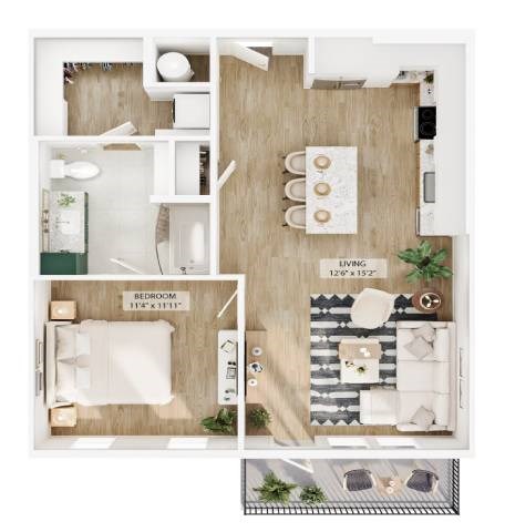 Floor plan for 1 bed, 1 bath, 750 sqft