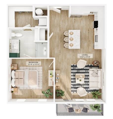 Floor plan for 1 bed, 2 baths, 800 sqft