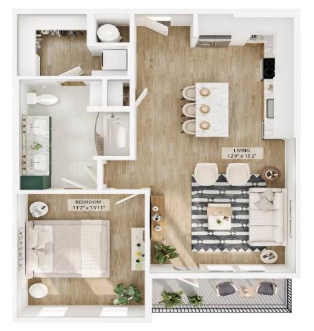 Floor plan for 1 bed, 2 baths, 810 sqft