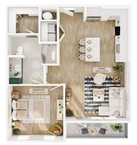 Floor plan for 1 bed, 2 baths, 810 sqft