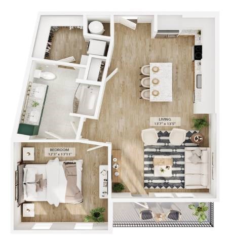 Floor plan for 1 bed, 2 baths, 840 sqft
