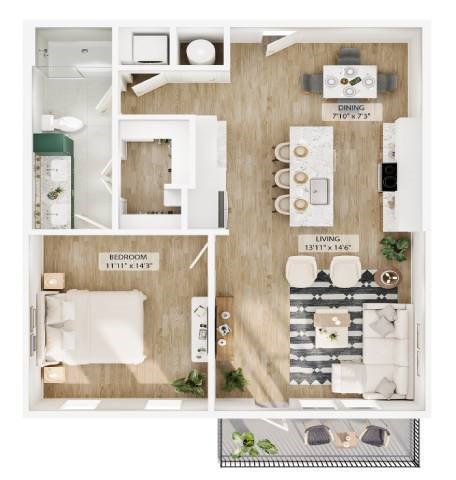 Floor plan for 1 bed, 1 bath, 864 sqft