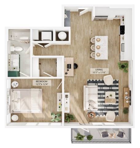 Floor plan for 1 bed, 1 bath, 864 sqft