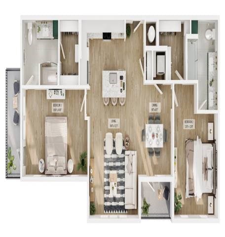Floor plan for 2 beds, 2 baths, 1285 sqft
